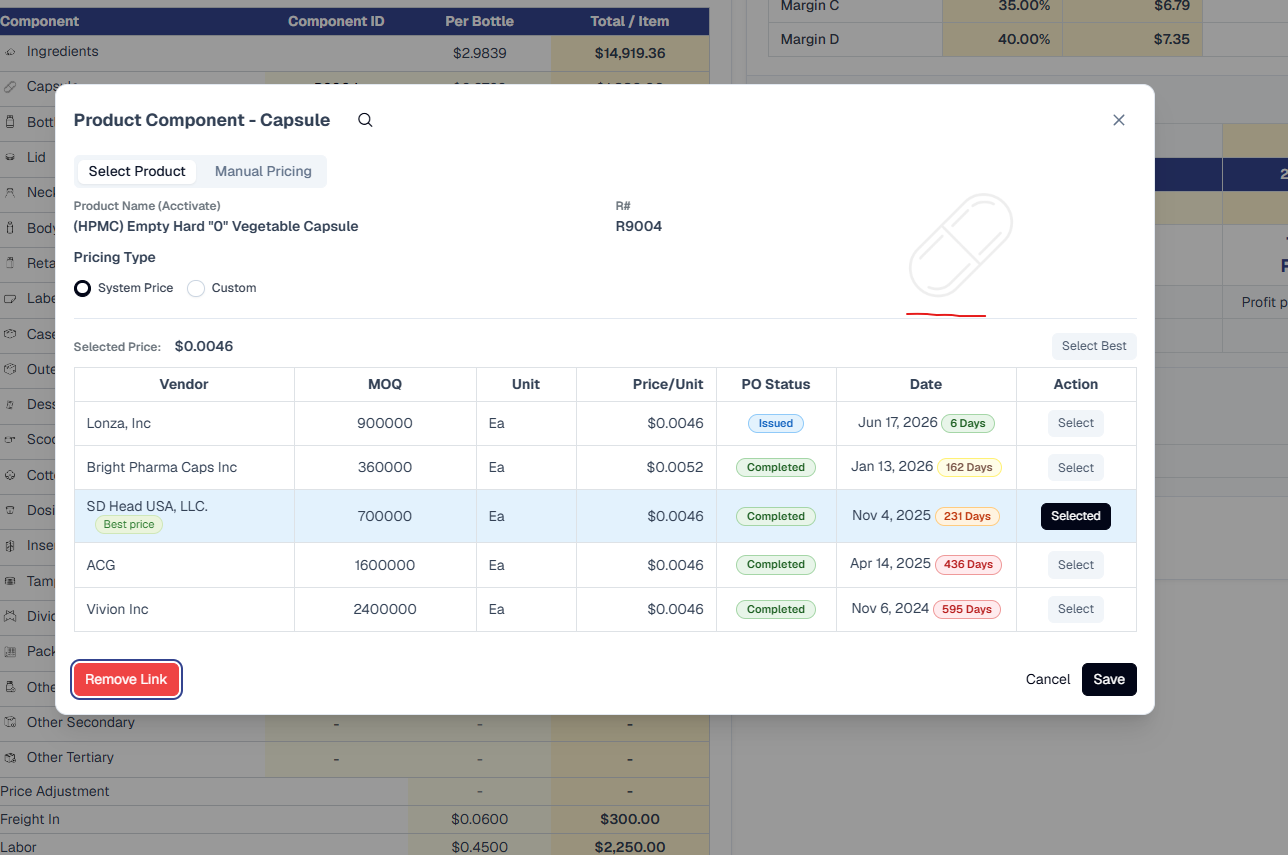 Product Component - Capsule selection dialog with a capsule icon by the title and a capsule illustration on the right, showing '(HPMC) Empty Hard 0 Vegetable Capsule' (R9004), System Price selected, and a vendor table (Lonza, Bright Pharma Caps, SD Head USA flagged Best price and Selected, ACG, Vivion) listing MOQ, Unit, Price/Unit, PO Status, and Date, with a Remove Link button circled in red
