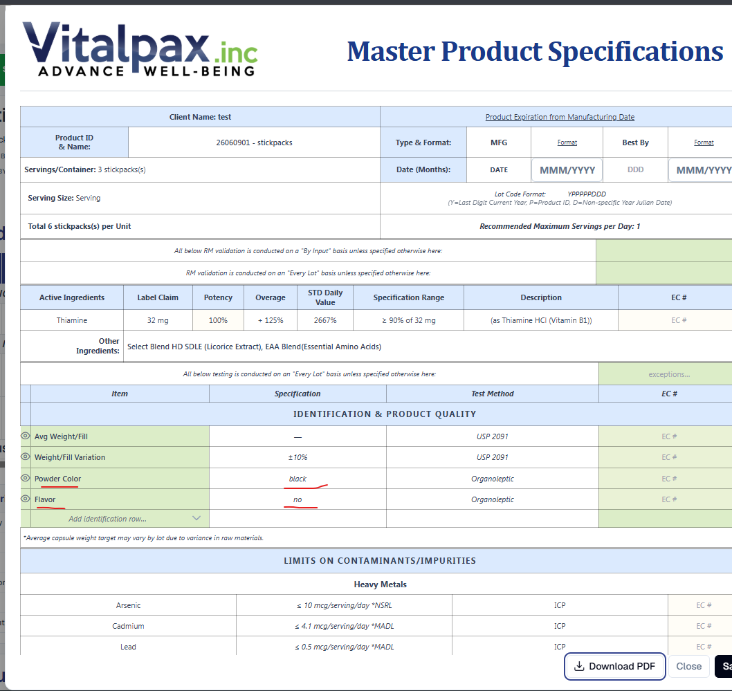 Master Product Specifications sheet for a stickpacks product (Client: test, 26060901 - stickpacks, 3 stickpacks per container, 6 stickpacks per unit) with an Identification & Product Quality table listing Avg Weight/Fill, Weight/Fill Variation, Powder Color (black) and Flavor (no) rows - both underlined red, Organoleptic test method - above the Limits on Contaminants/Impurities heavy-metals section (Arsenic, Cadmium, Lead) and a Thiamine label-claim row