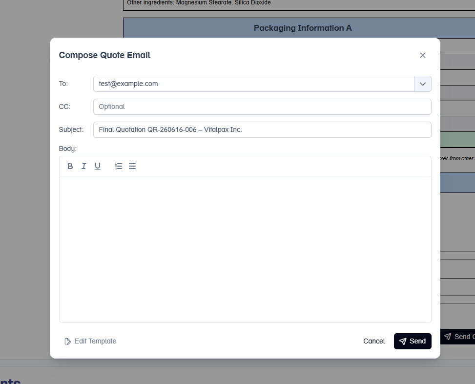 Compose Quote Email dialog with a To field (test@example.com), an optional CC field, a Subject reading 'Final Quotation QR-260616-006 - Vitalpax Inc.', and a rich-text Body editor with bold/italic/underline and list controls, plus Edit Template, Cancel, and Send buttons - the form whose To/CC/Subject inputs are now validated against header injection