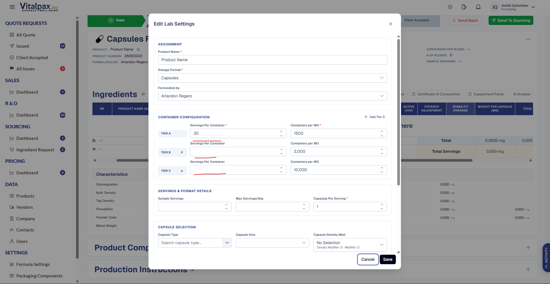 R&D Edit Lab Settings dialog Container Configuration section with Tier A, B, and C rows, each pairing a Servings Per Container field (Tier A auto-filled to 30 from the Sales values, underlined red) with a Containers per WO field (1500, 2,000, 10,000), above the Servings & Format Details and Capsule Selection panels
