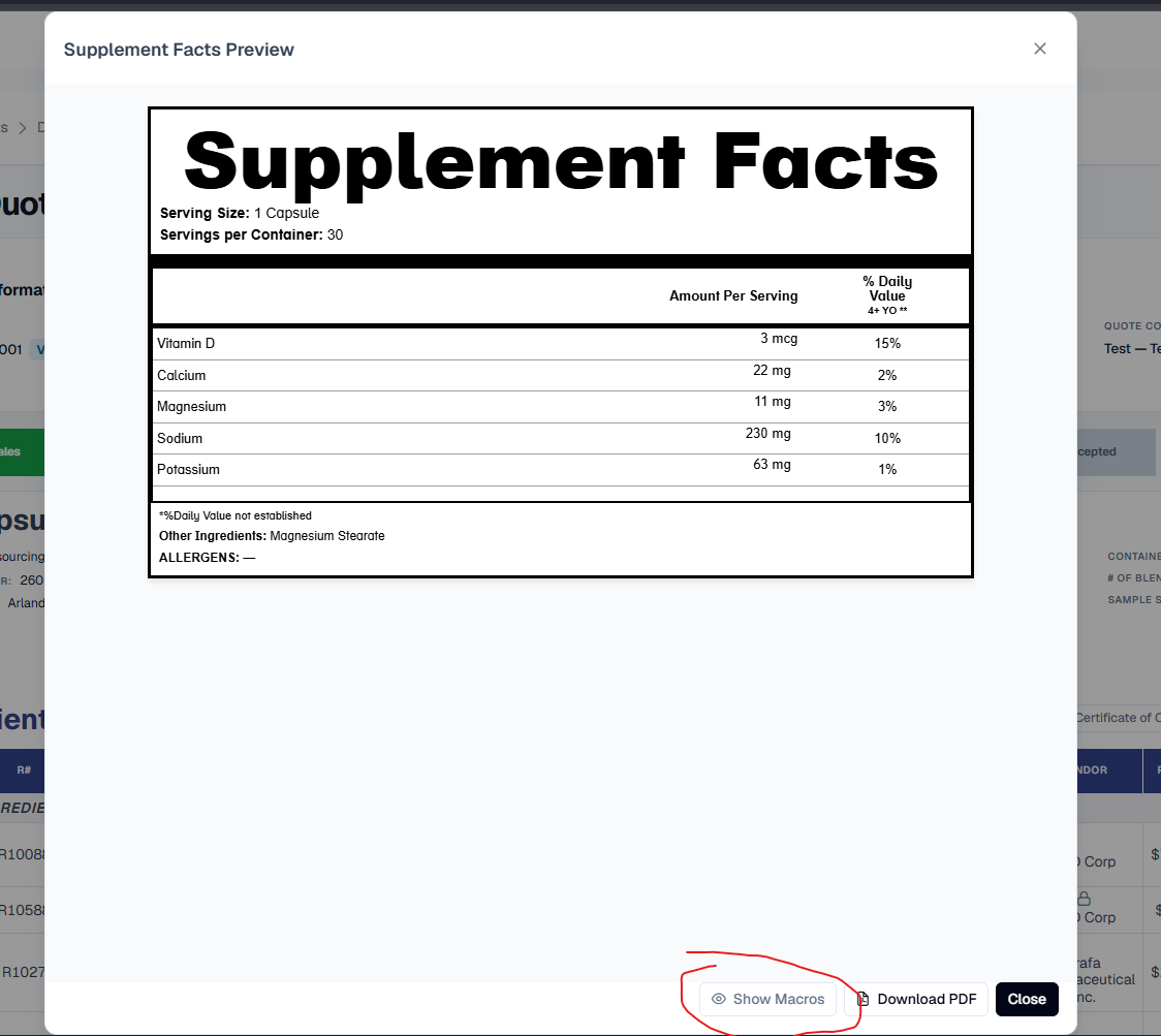 Supplement Facts Preview dialog for a 1-Capsule supplement (30 servings per container) showing macros hidden by default - just Vitamin D, Calcium, Magnesium, Sodium, Potassium with Amount Per Serving and a single % Daily Value (4+ YO) column - and a Show Macros toggle circled in red in the footer beside Download PDF and Close