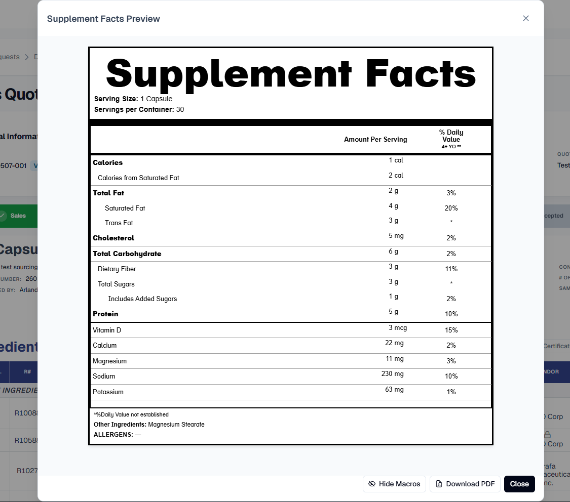 Same Supplement Facts Preview after Show Macros is toggled on, now listing Calories, Calories from Saturated Fat, Total Fat, Saturated Fat, Trans Fat, Cholesterol, Total Carbohydrate, Dietary Fiber, Total Sugars, Includes Added Sugars, and Protein above the vitamins and minerals, still under the single 4+ YO %DV column, with a Hide Macros button in the footer