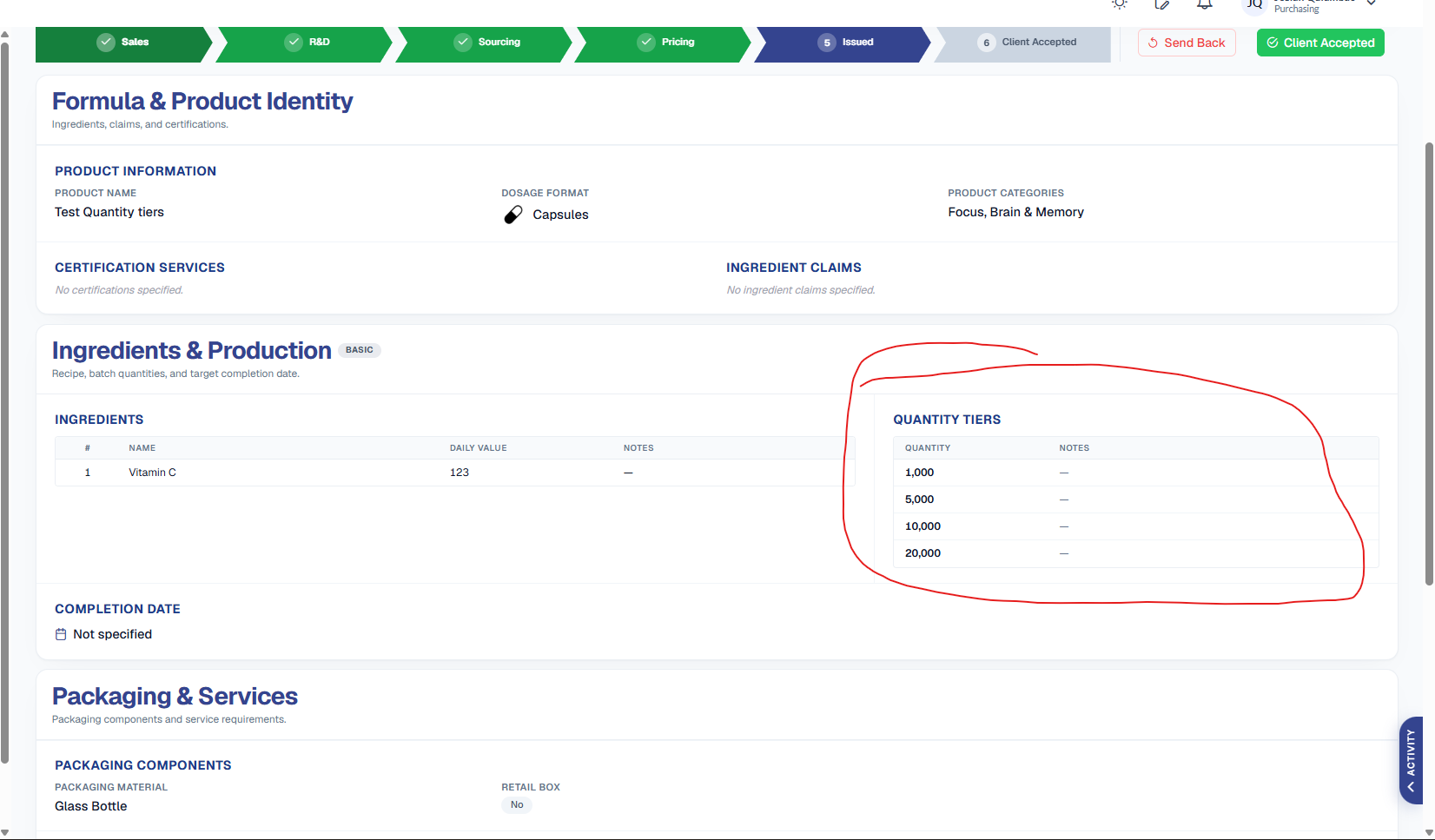 Issued quote detail for 'Test Quantity tiers' (Capsules) on the Formula & Product Identity view, with the Ingredients & Production section showing an Ingredients table (Vitamin C) on the left and a Quantity Tiers table circled in red on the right listing 1,000 / 5,000 / 10,000 / 20,000