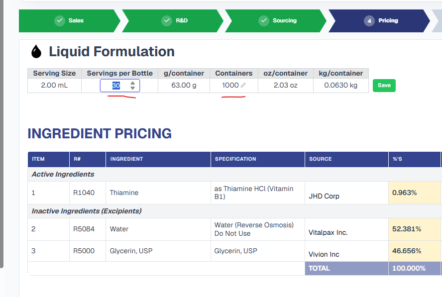 Same Liquid Formulation row with the Servings per Bottle field switched into an active edit state - a value input of 30 with up/down steppers - next to a green Save button, while the Containers 1000 field remains editable, demonstrating inline editing without leaving the Pricing tab