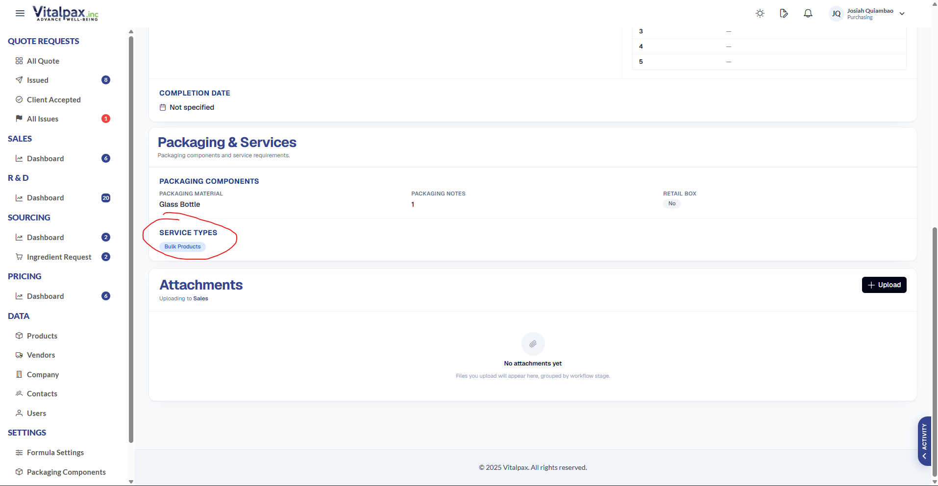 Quote detail Packaging & Services section showing Packaging Material Glass Bottle, Packaging Notes 1, Retail Box No, and a Service Types group with a 'Bulk Products' pill circled in red, flagging the quote as a bulk order so the Below MOQ Fee input is disabled