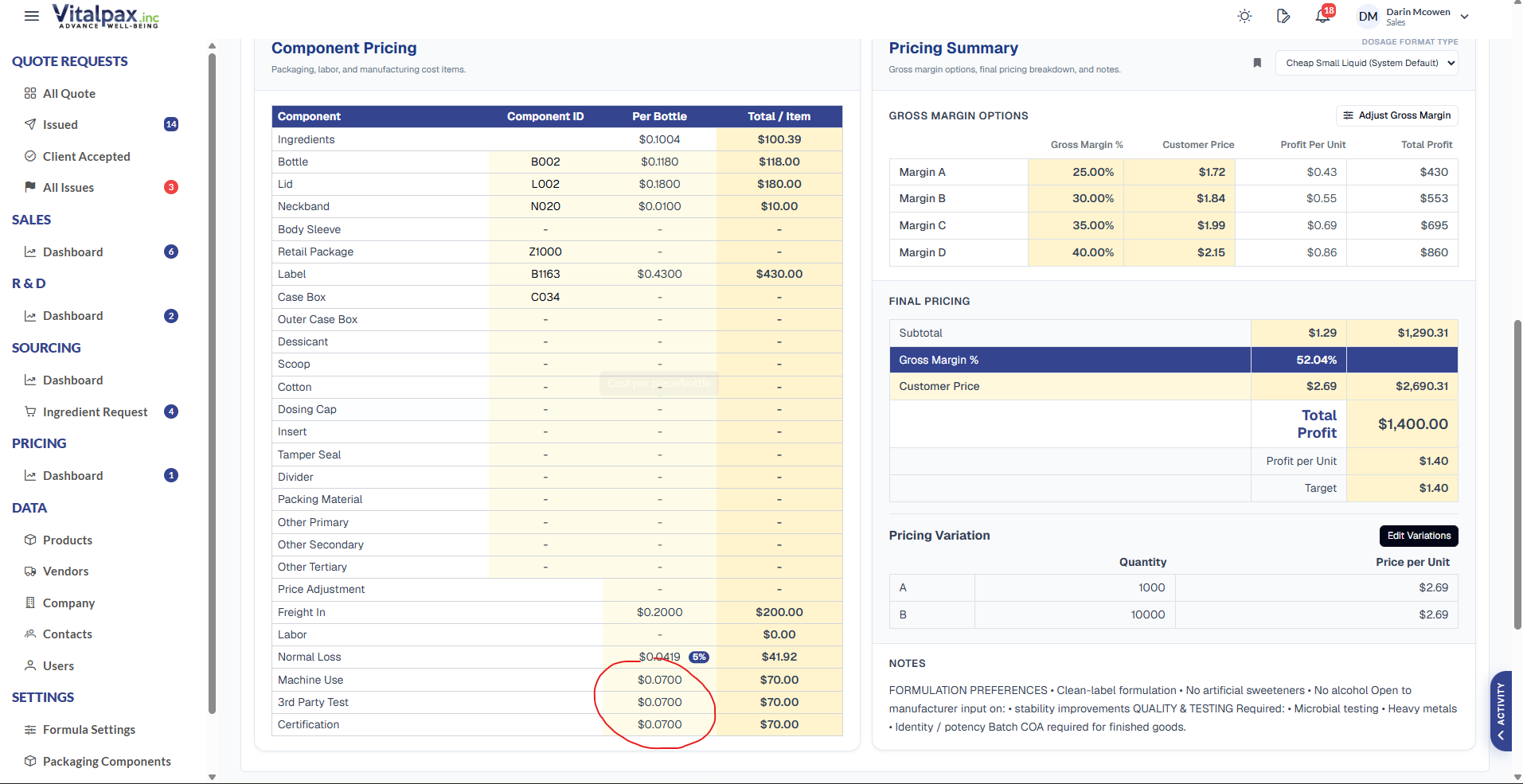 Component Pricing and Pricing Summary screen with the Machine Use, 3rd Party Test, and Certification cost rows circled in red, each pre-filled with the new default rate of 0.0700, alongside the component cost table on the left and the Gross Margin Options and Final Pricing panels on the right