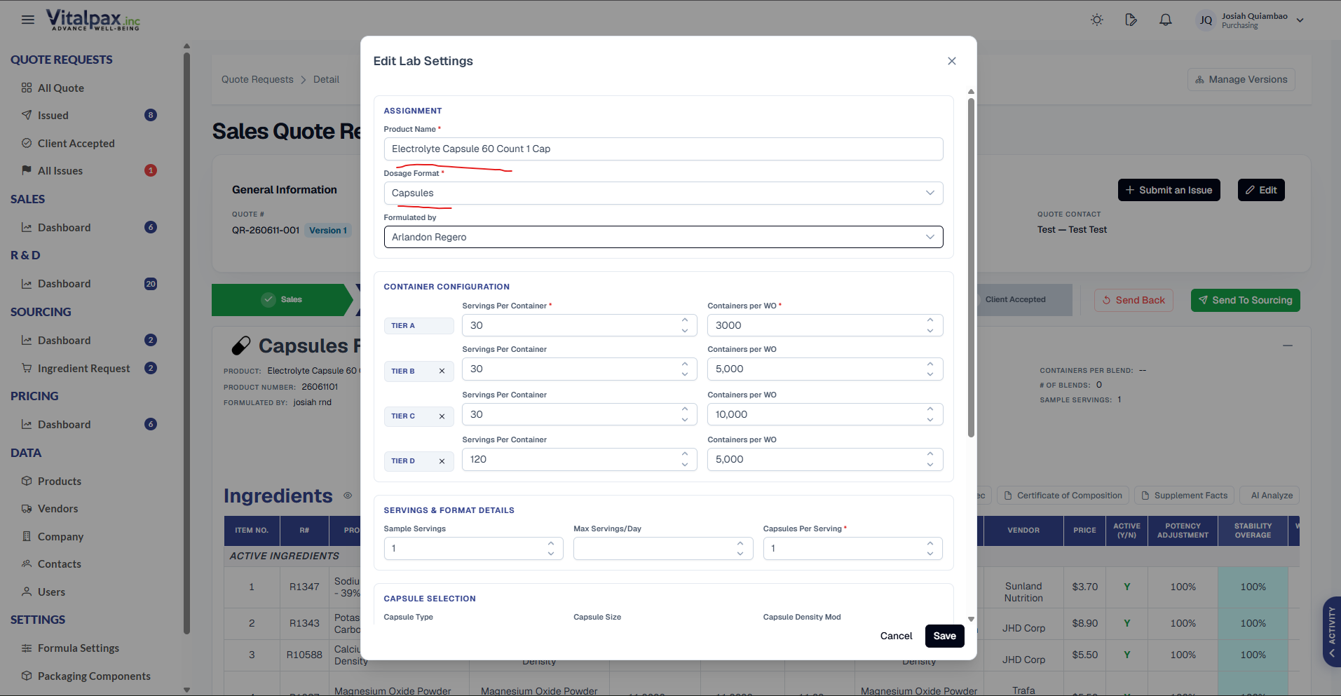 Edit Lab Settings modal on the R&D tab with an editable Product Name field reading 'Electrolyte Capsule 60 Count 1 Cap' (underlined red) and an editable Dosage Format dropdown set to Capsules, over the Capsules Formulation header and Ingredients table