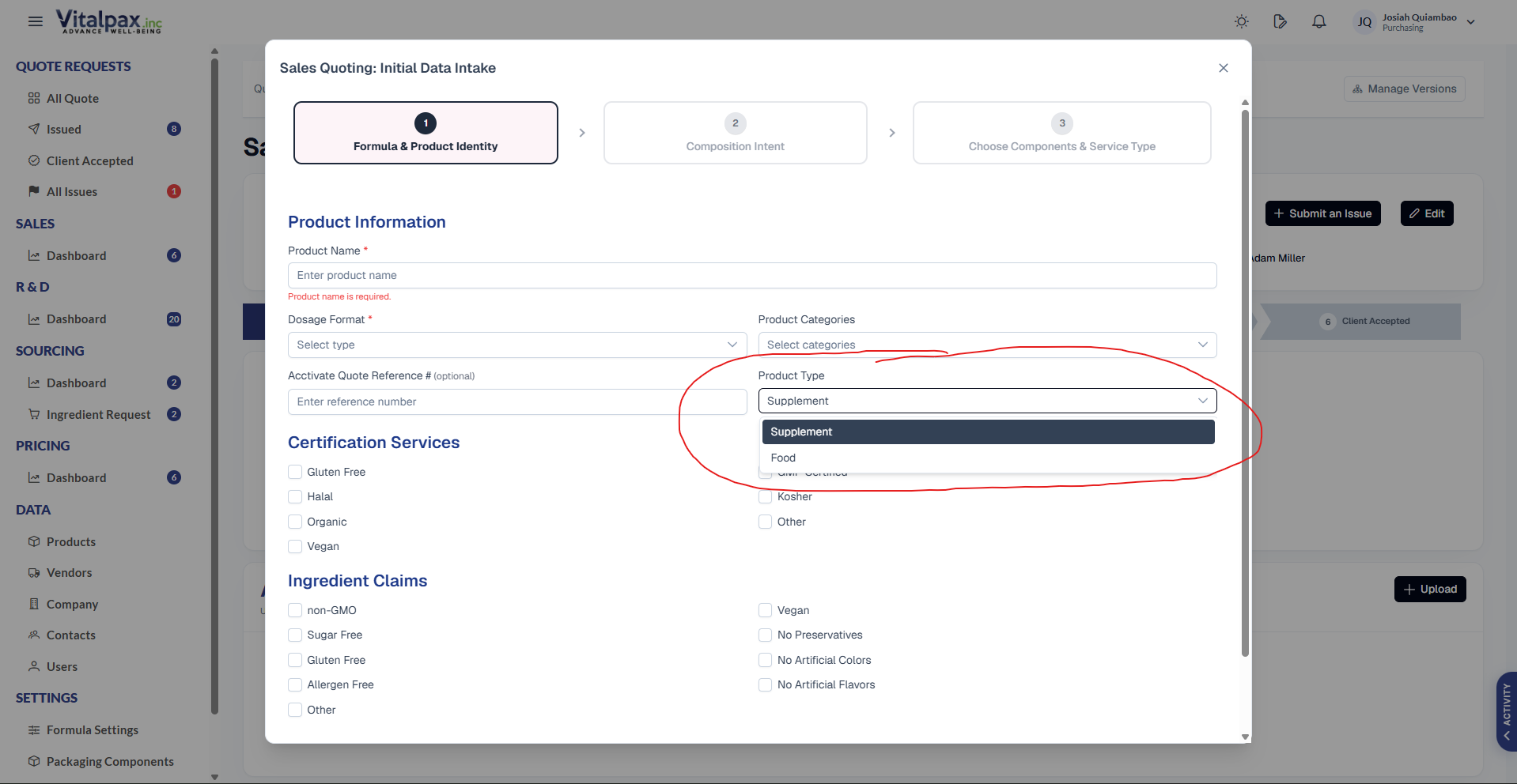 Sales Quoting: Initial Data Intake modal on step 1, with the Product Type dropdown open in the Product Information section (circled in red) showing Supplement and Food options, confirming the Sales Product Type is now editable by the sales team