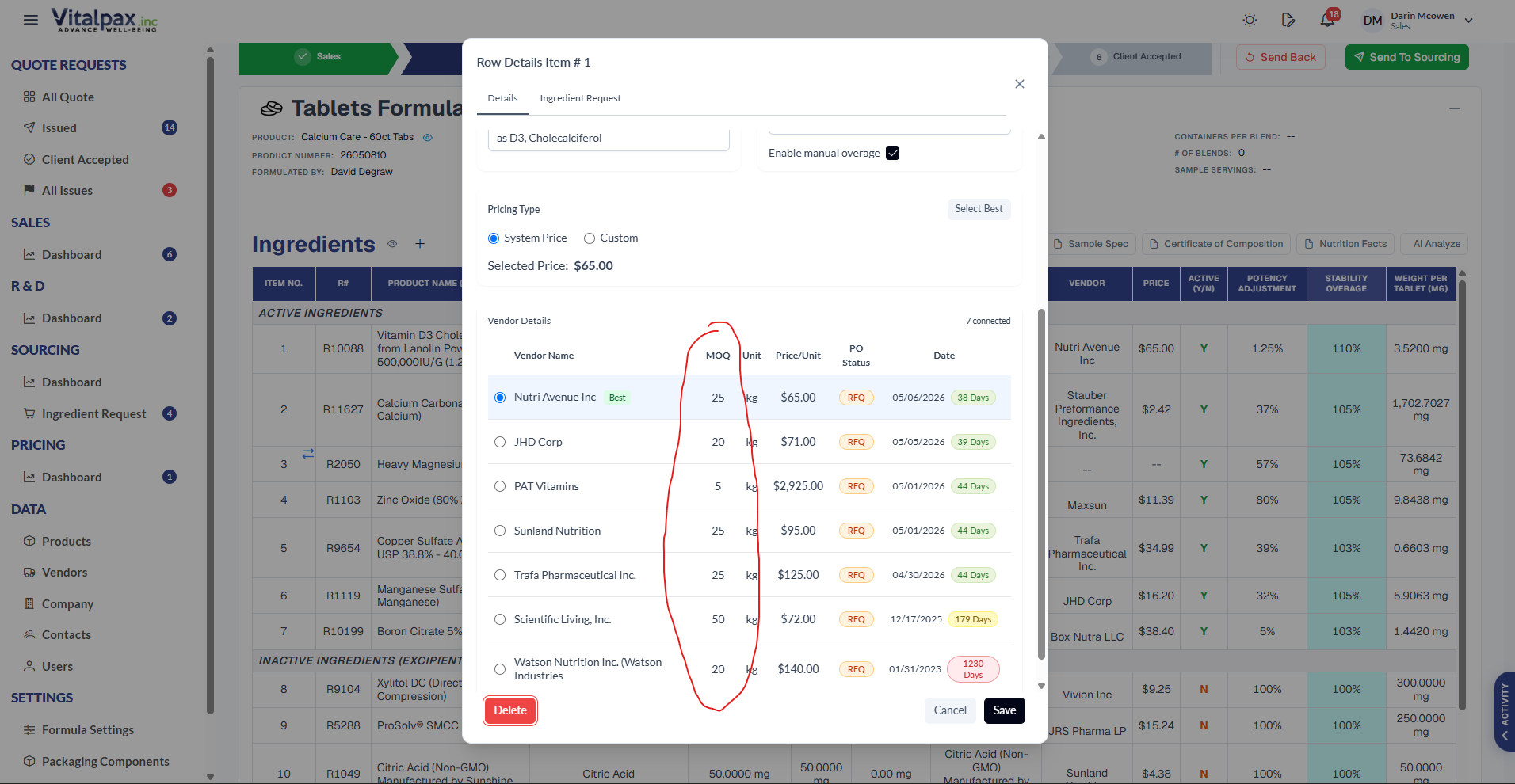 Row Details / Vendor Details modal for a Tablets Formulation ingredient with the vendor pricing table's new MOQ column circled in red, positioned to the left of the Unit column, listing vendors (Right Achieve Inc flagged Best, JHD Corp, MRT Vitamins, Sunland Nutrition, Trefa Pharmaceutical, Scientific Living, Midcoast Nutrition) with their MOQ, Unit, Price/Unit, and PO Status values