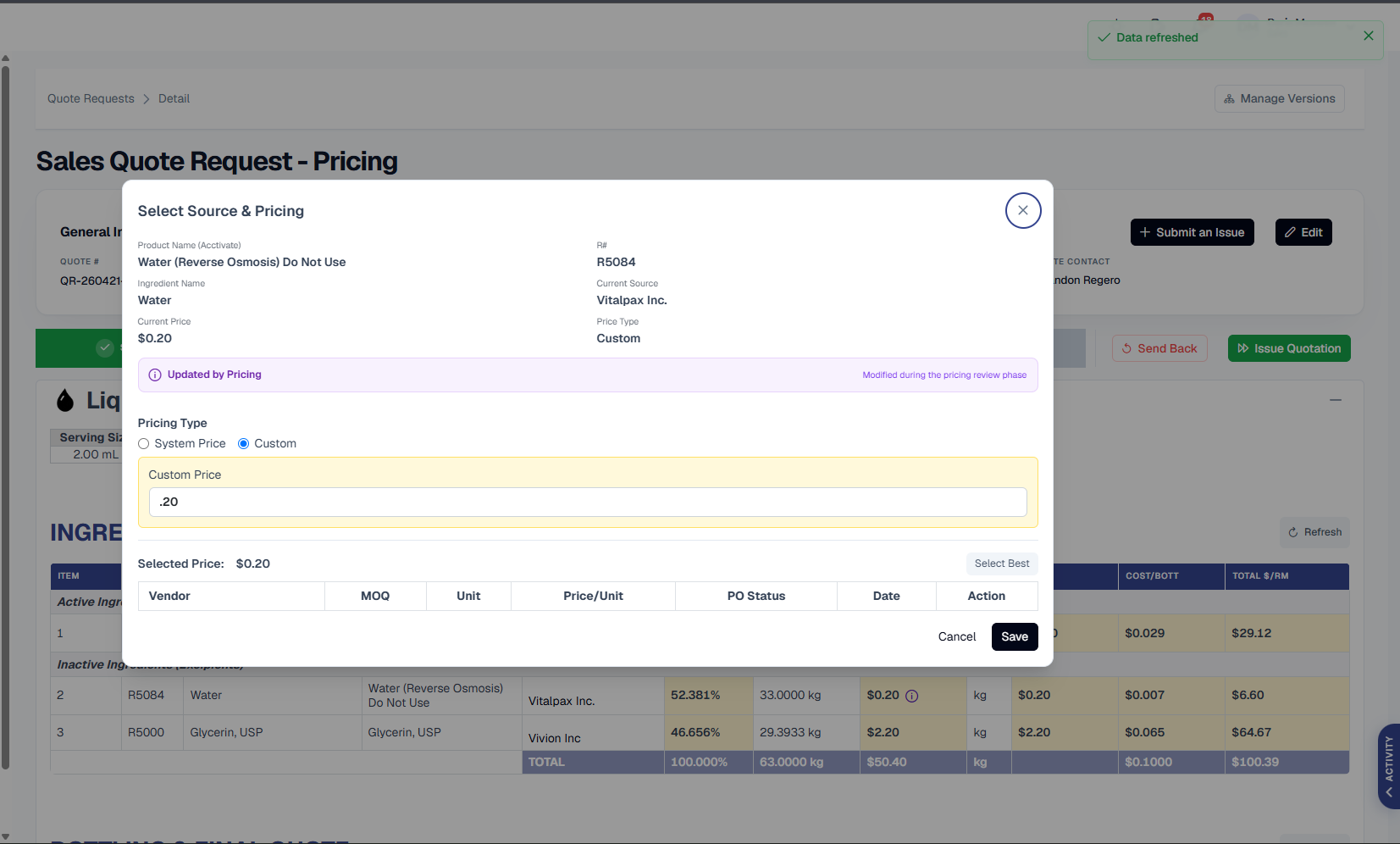 Select Source & Pricing modal for Water (Reverse Osmosis) Do Not Use (R5084), a vendor-less ingredient, with Pricing Type set to Custom and a Custom Price field of 0.20, an empty vendor table (Vendor, MOQ, Unit, Price/Unit, PO Status, Date, Action), and Cancel / Save buttons - now handling the null-vendor case gracefully instead of breaking