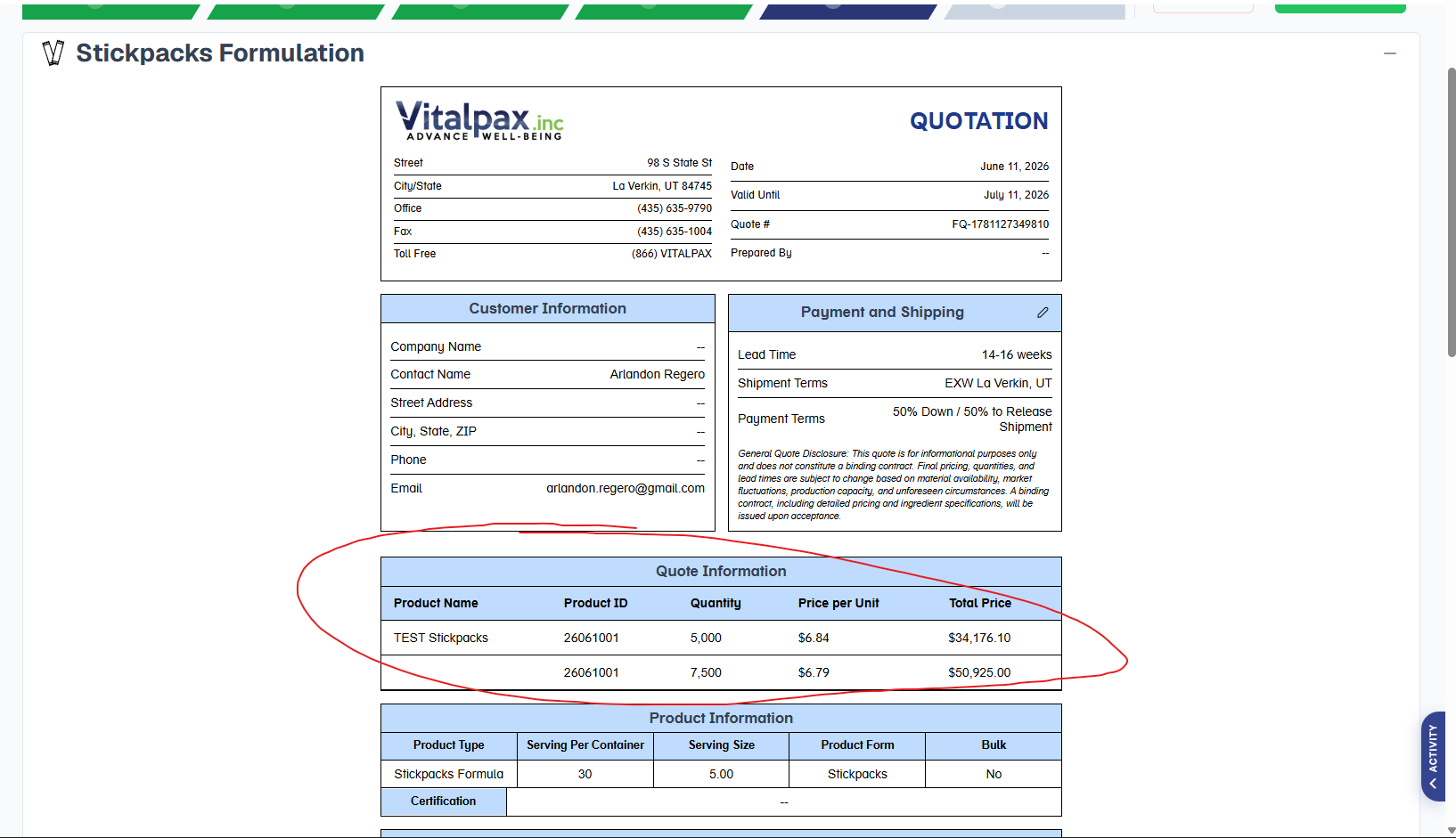 Issued Stickpacks Formulation quote view with the Quotation PDF now fully populated - the Quote Information table circled in red (TEST Stickpacks: 5,000 units at $6.84 = $34,176.10 and 7,500 units at $6.79 = $50,925.00) - alongside Customer Information (Arlandon Regero) and Product Information sections, repopulated via the new Regenerate button without reissuing the quote