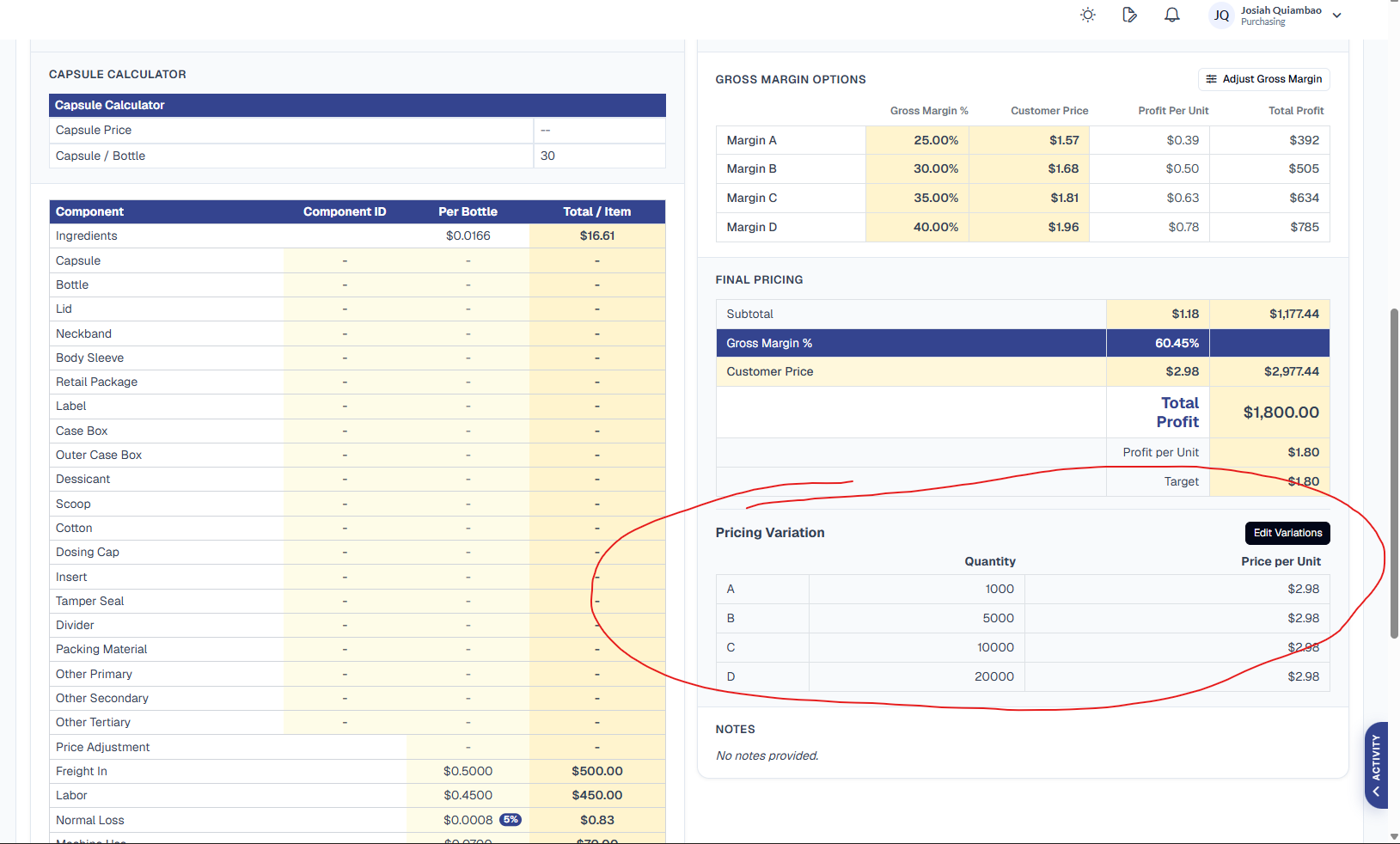 Capsule Calculator and Component Pricing screen with the Pricing Variation table circled in red, its Quantity rows (1,000 / 5,000 / 10,000 / 20,000) dynamically filled as Tiers A-D with a Price per Unit column, alongside the Gross Margin Options and Final Pricing panels