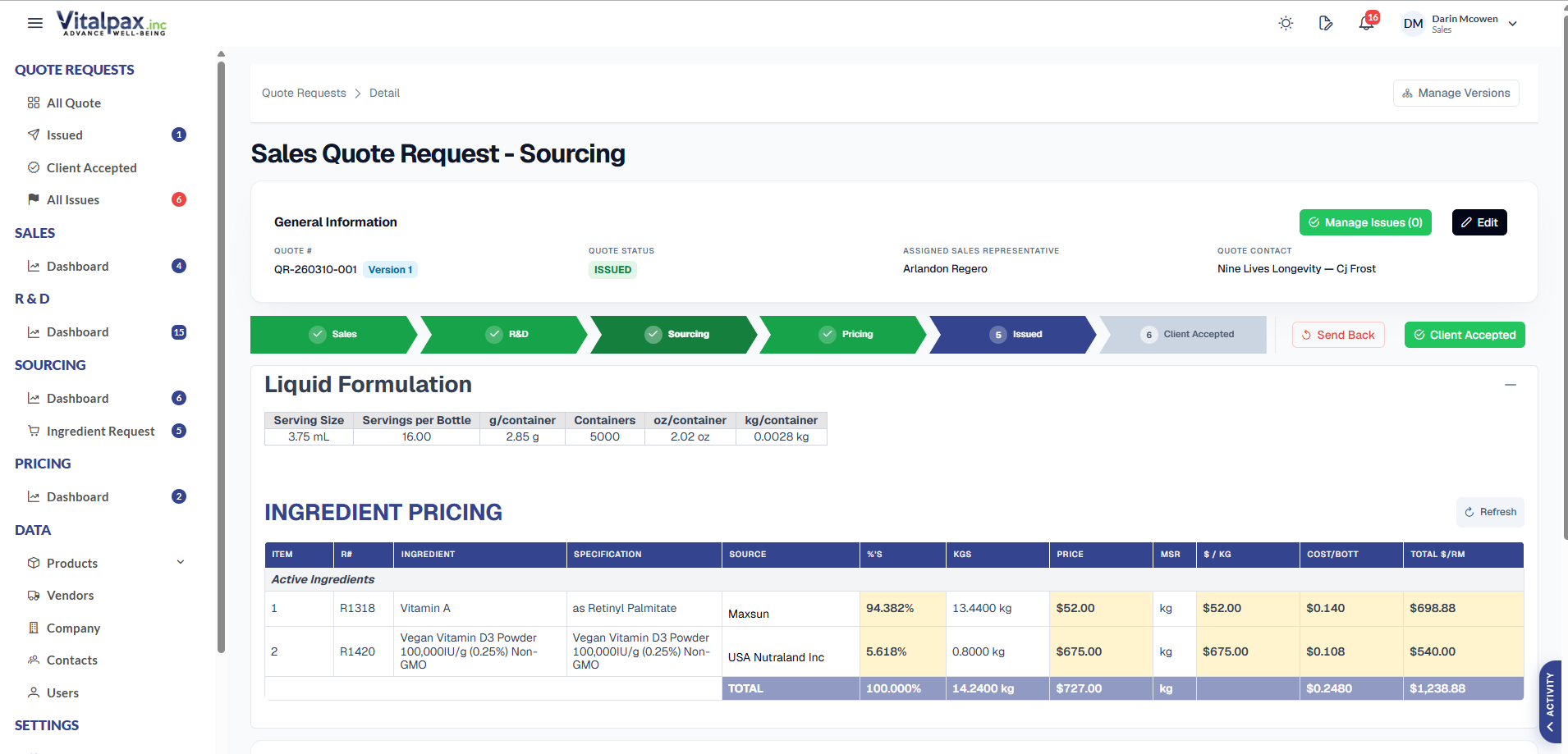 Sales Quote Request - Sourcing detail view with arrow-pill stage stepper (Sales, R&D, Sourcing active in green, Pricing, Issued, Client Accepted), a Liquid Formulation card with Serving Size, Servings per Bottle, gContainers, ozContainers, kgContainers, and an Ingredient Pricing navy-header table listing Magnesium and Glycerin rows with Specification, Source, %, Kgs, Price, $/kg, Cost/Bot, and Total $/MM