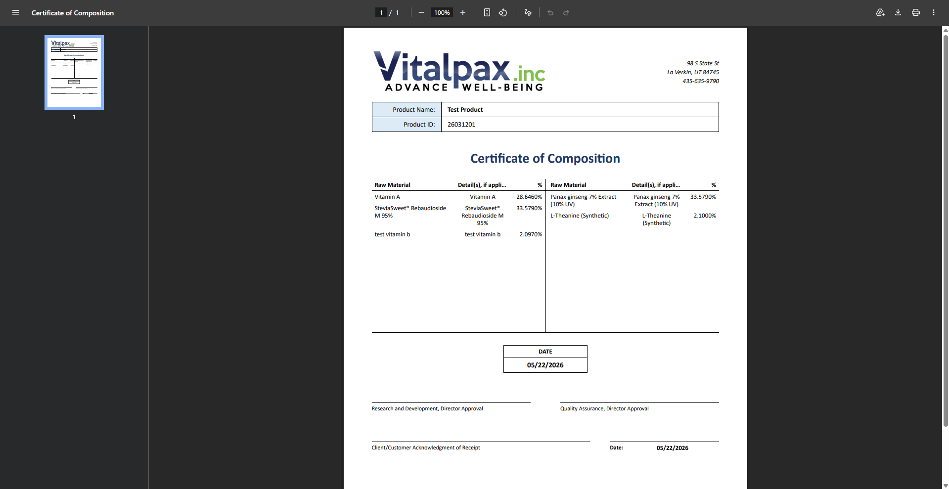 Downloaded Certificate of Composition PDF in the browser viewer showing the Vitalpax letterhead, address block 98 S State St La Verkin UT 84745, Product Name Test Product and Product ID 26031201 header table, the same two-column Certificate of Composition raw material table, a centered Date 05/22/2026 box, and signature lines for Research and Development Director Approval, Quality Assurance Director Approval, and Client/Customer Acknowledgment of Receipt
