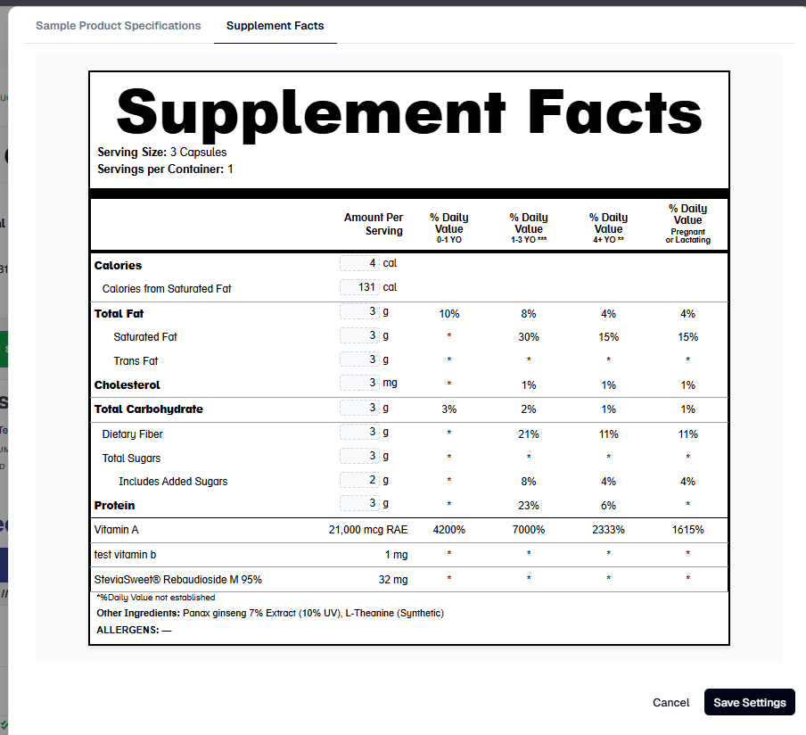 Supplement Facts panel preview tab open in the same Lab dialog, showing a large Supplement Facts header, Serving Size 3 Capsules, four Daily Value age columns (0-1 YO, 1-3 YO, 4+ YO, Pregnant or Lactating), and rows for Calories, Total Fat, Saturated Fat, Trans Fat, Cholesterol, Total Carbohydrate, Dietary Fiber, Total Sugars, Includes Added Sugars, Protein, Vitamin A, test vitamin b, and SteviaSweet Rebaudioside M 95%