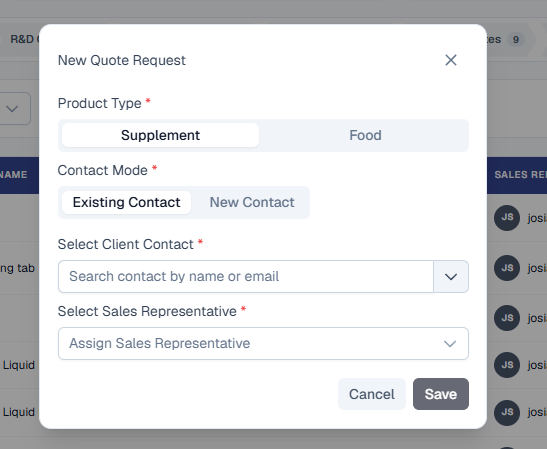 New Quote Request dialog with required Product Type segmented control (Supplement selected, Food on the right), Contact Mode (Existing Contact selected, New Contact on the right), Select Client Contact search field, Select Sales Representative dropdown, and Cancel / Save actions