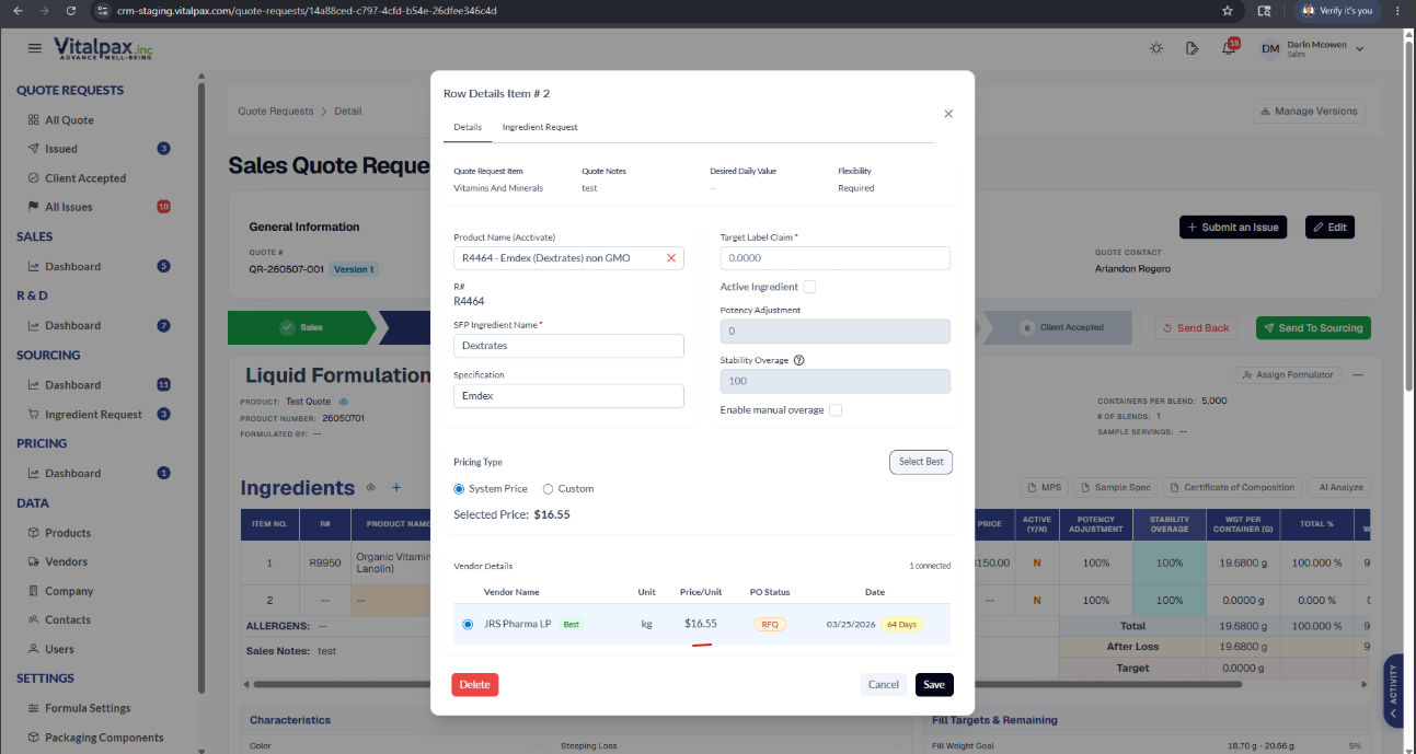 Row Details modal for item #2, product R4464 - Endos (Dextrate) non GMO with R# R4464, SFP Ingredient Name Dextrate, Pricing Type System Price selected, Selected Price $16.55, and a Vendor Details table with IRS-Pharma LP at $16.55/kg flagged as Best - showing the corrected Price / Unit synced from Acctivate