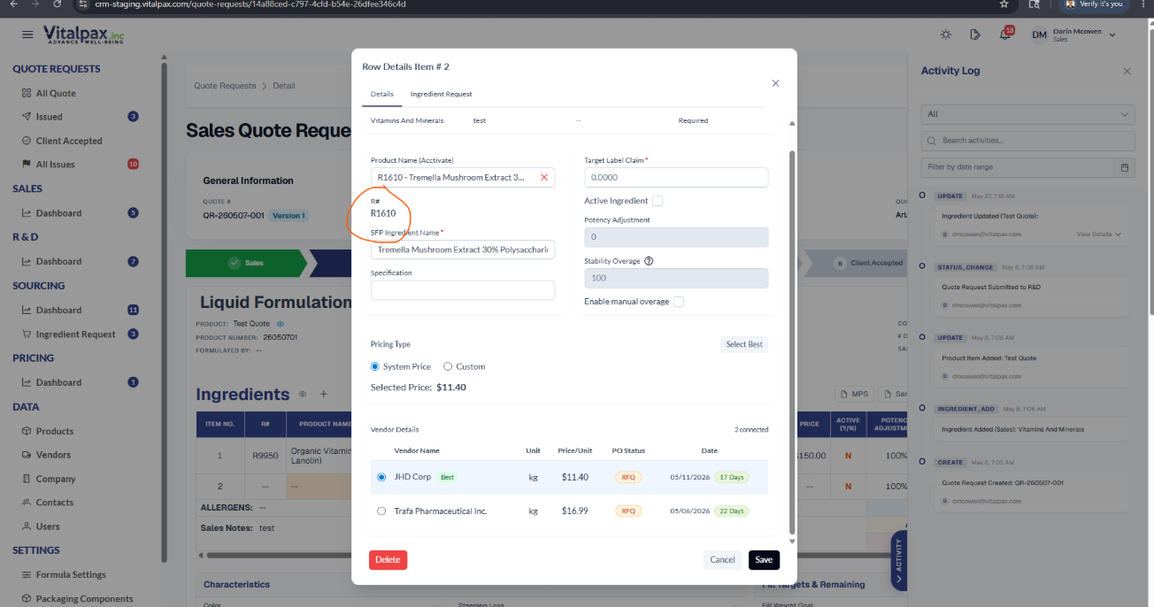 Row Details modal for item #2, product R1610 - Tremella Mushroom Extract with R# R1610 circled in red, SFP Ingredient Name Tremella Mushroom Extract 30% Polysaccharides, Selected Price $11.40, and vendor rows ArD Corp $11.40 (Best) and Trefa Pharmaceutical $16.99 - confirming the previously missing R1610 is now searchable and selectable