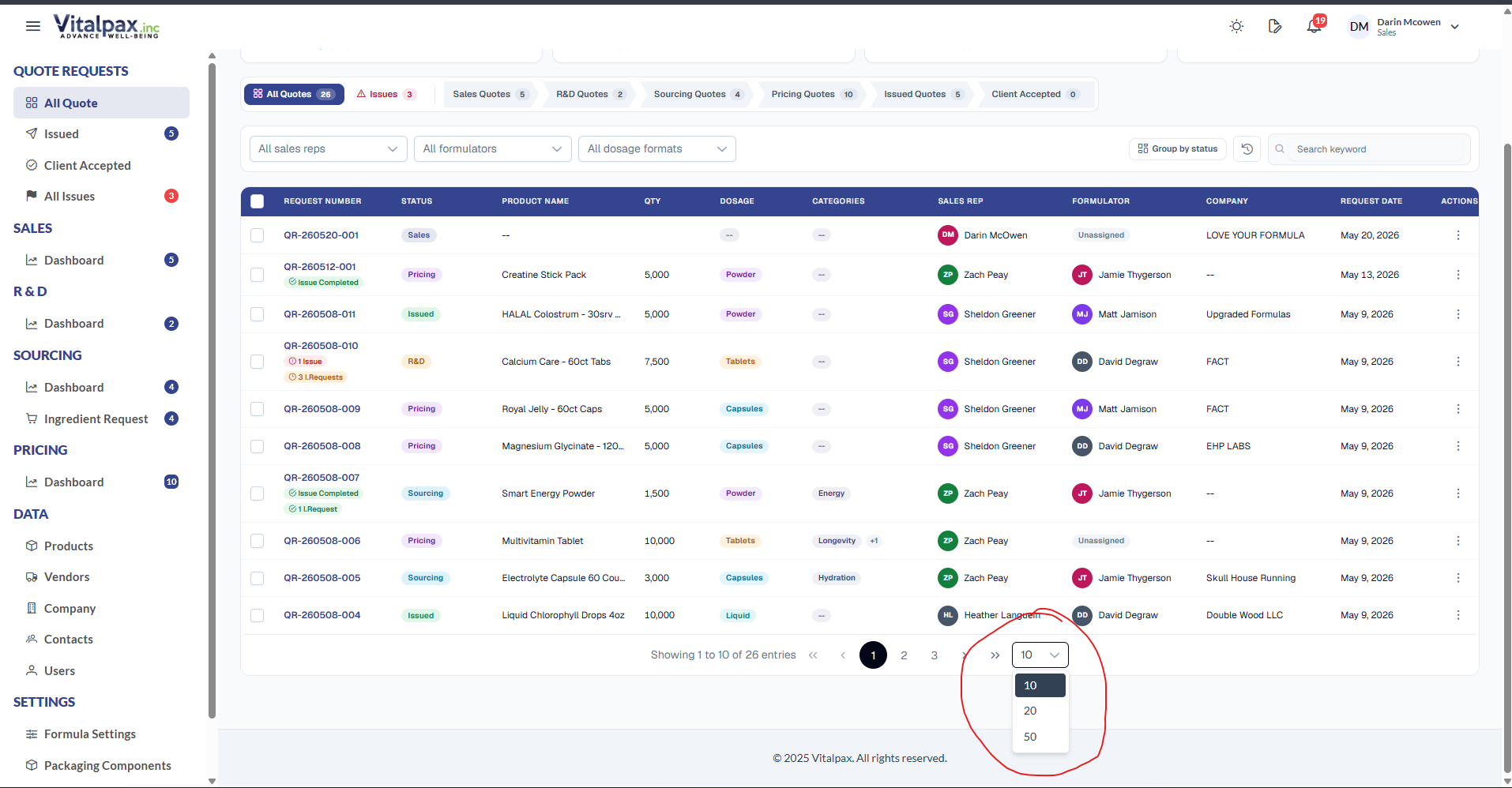 All Quote Requests list with the 'Show X Entries' dropdown open at the bottom-right pagination control, circled in red, showing the 10 / 20 / 50 options rendering fully above the surrounding table footer instead of being clipped behind it