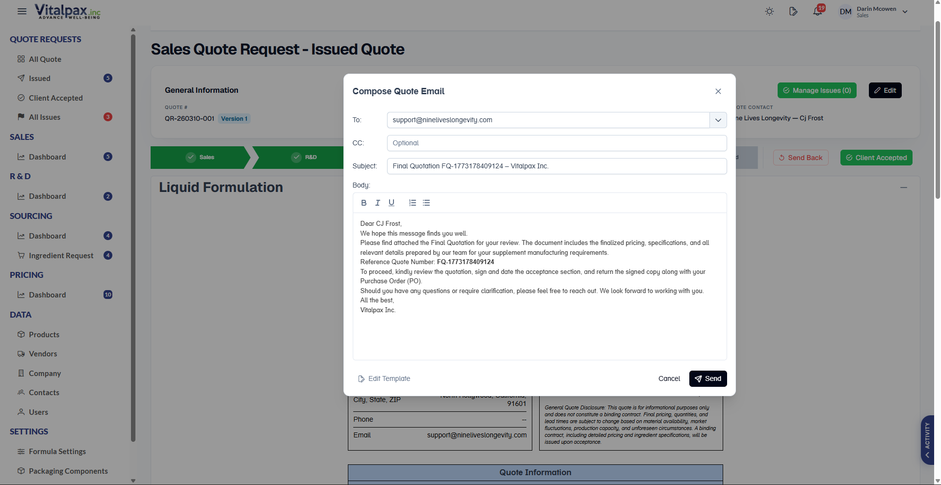 Sales Quote Request - Issued Quote view with a 'Compose Quote Email' modal open, pre-filled with a To recipient (support@...), an optional CC field, a Subject line of 'Final Quotation FQ-Y173170AOFC4', and a professional email body referencing the attached Final Quotation PDF, with a rich-text toolbar, an Edit Template link, and Cancel / Send buttons
