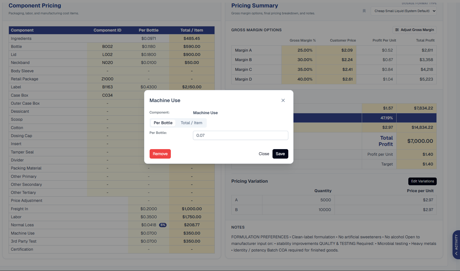 Component Pricing and Pricing Summary screen with a 'Machine Use' modal open, showing a Per Bottle / Total per Item segmented toggle set to Per Bottle and a value field of 0.01, with Remove, Close, and Save buttons, over the full component cost table (Ingredients, Bottle, Lid, Body Sleeve, Label, Case Box, etc.) and a Gross Margin Options panel on the right
