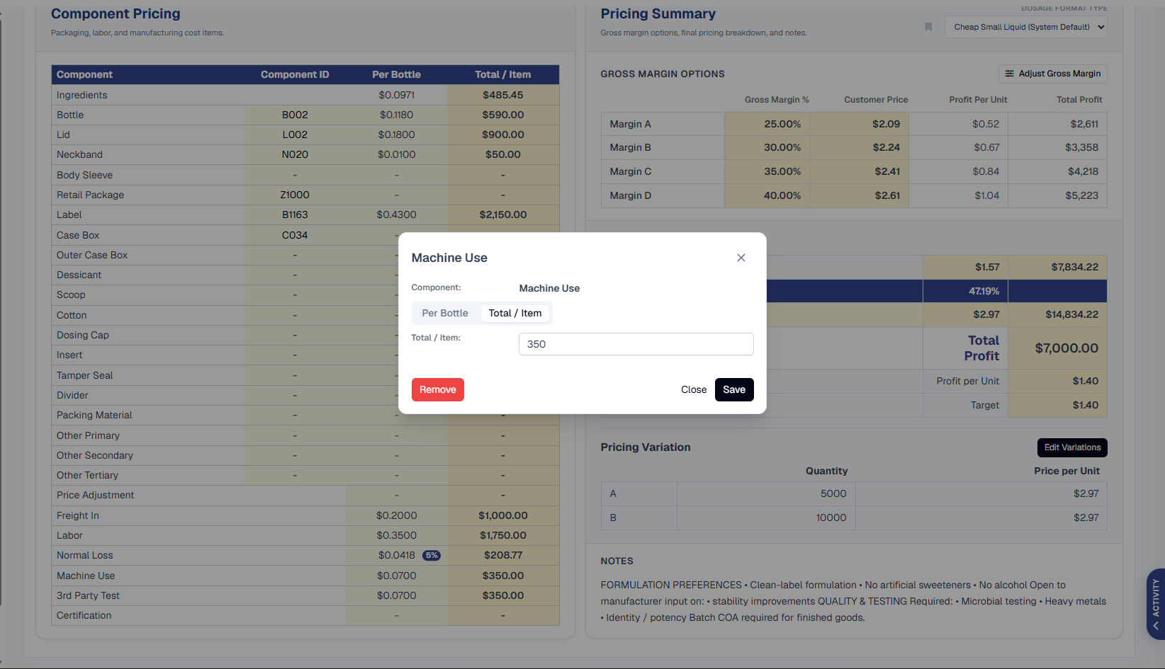 Same Component Pricing screen with the 'Machine Use' modal showing the toggle switched to Total per Item and a Total / Item value field, over the component cost table and Pricing Summary with Total Profit $7000.00