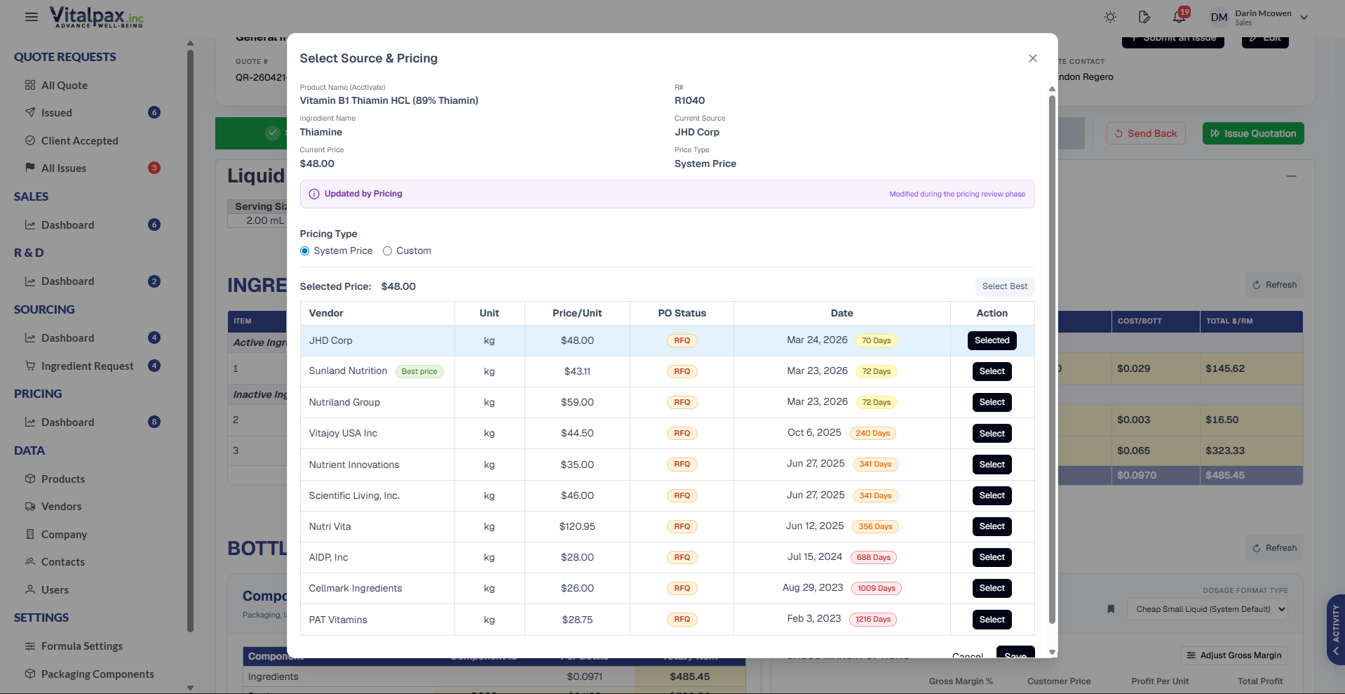 Select Source & Pricing modal for Vitamin B Thiamin HCL (R1640 / Thiamine) with a Pricing Type System Price / Custom toggle, an 'Updated by Pricing' note, Selected Price $48.00, and a Selected Price source table listing JHD Corp, Sunland Nutrition, Nutraxin Group, Vitaysi USA Inc, and more with per-source Price/Unit, PO Status, Date, and Select buttons