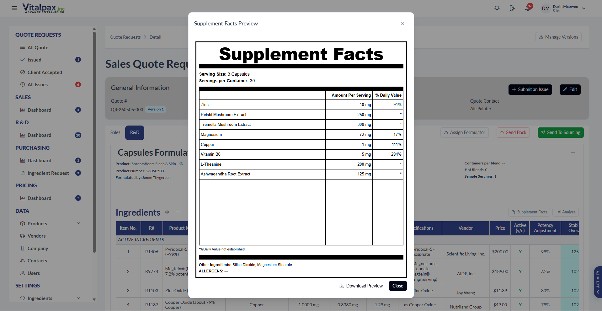Same Supplement Facts Preview modal with ingredients reordered by drag: Reishi Mushroom Extract on top, then Maitake Mushroom Extract, Cordyceps Mushroom Extract, Magnesium, Vitamin B6, L-Theanine, and Ashwagandha - the underlying R&D ingredient table is unaffected
