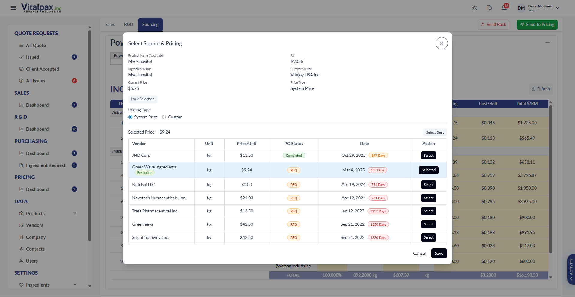 Pricing tab Source and Pricing modal showing Selected Price for Max Inositol with a read-only vendor list (Industrial Container, Bottles and Lids, Vitalpax USA Inc., and others), PO Status badges Completed and RFQ, and dates - the Pricing role can view but not edit vendor data