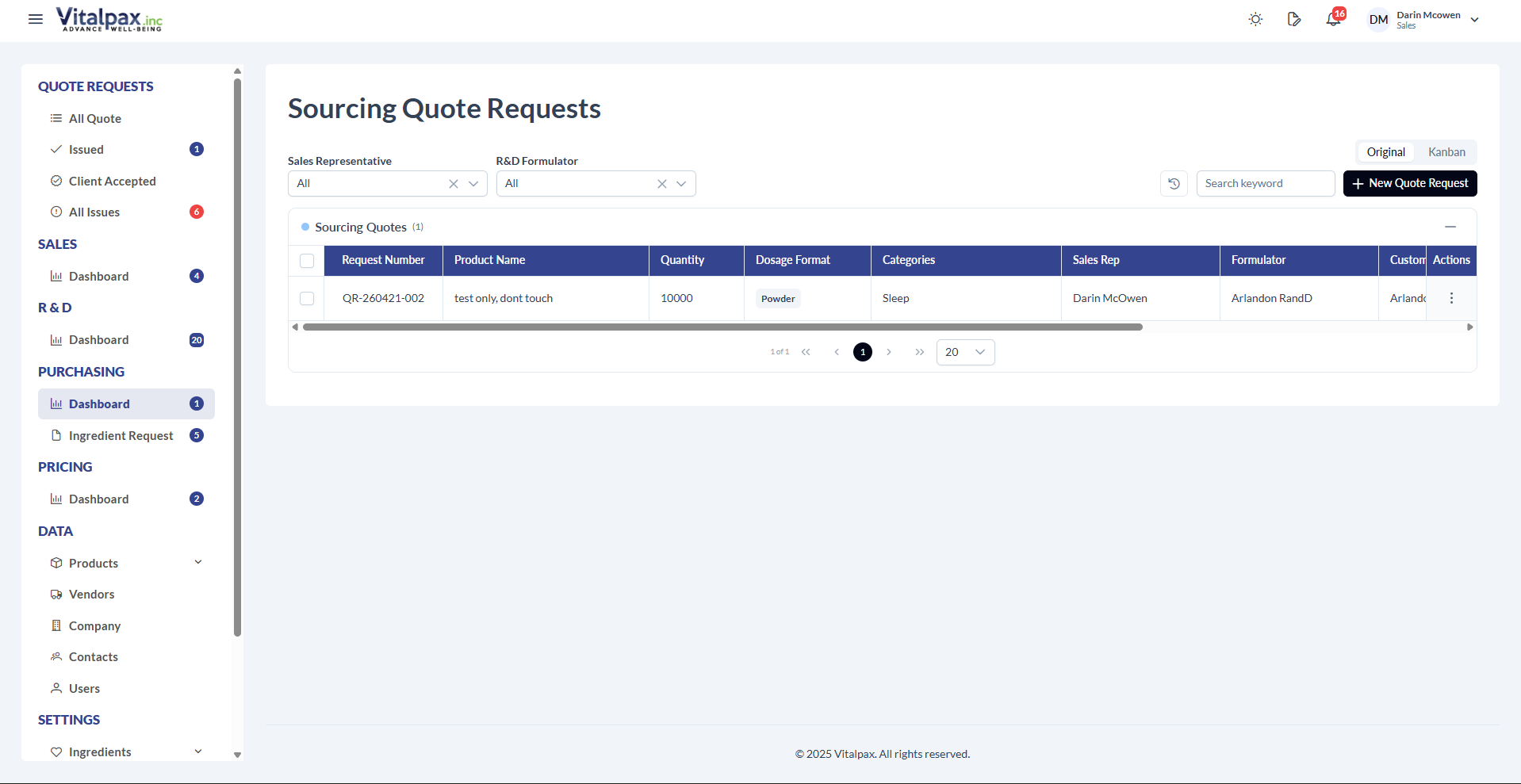New Sourcing Quote Requests page in the Purchasing section with Sales Representative and R&D Formulator filters, a Sourcing Quotes table showing QR-260421-002 with Dosage Format Powder, Categories Sleep, Sales Rep Darin McOwen, and Formulator Arlandon RandD