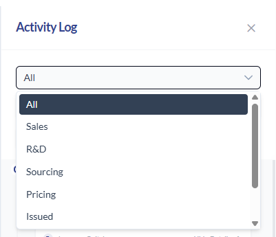 Activity Log filter dropdown showing All selected with options Sales, R&D, Sourcing, Pricing, and Issued - the tabs now function as quote status filters