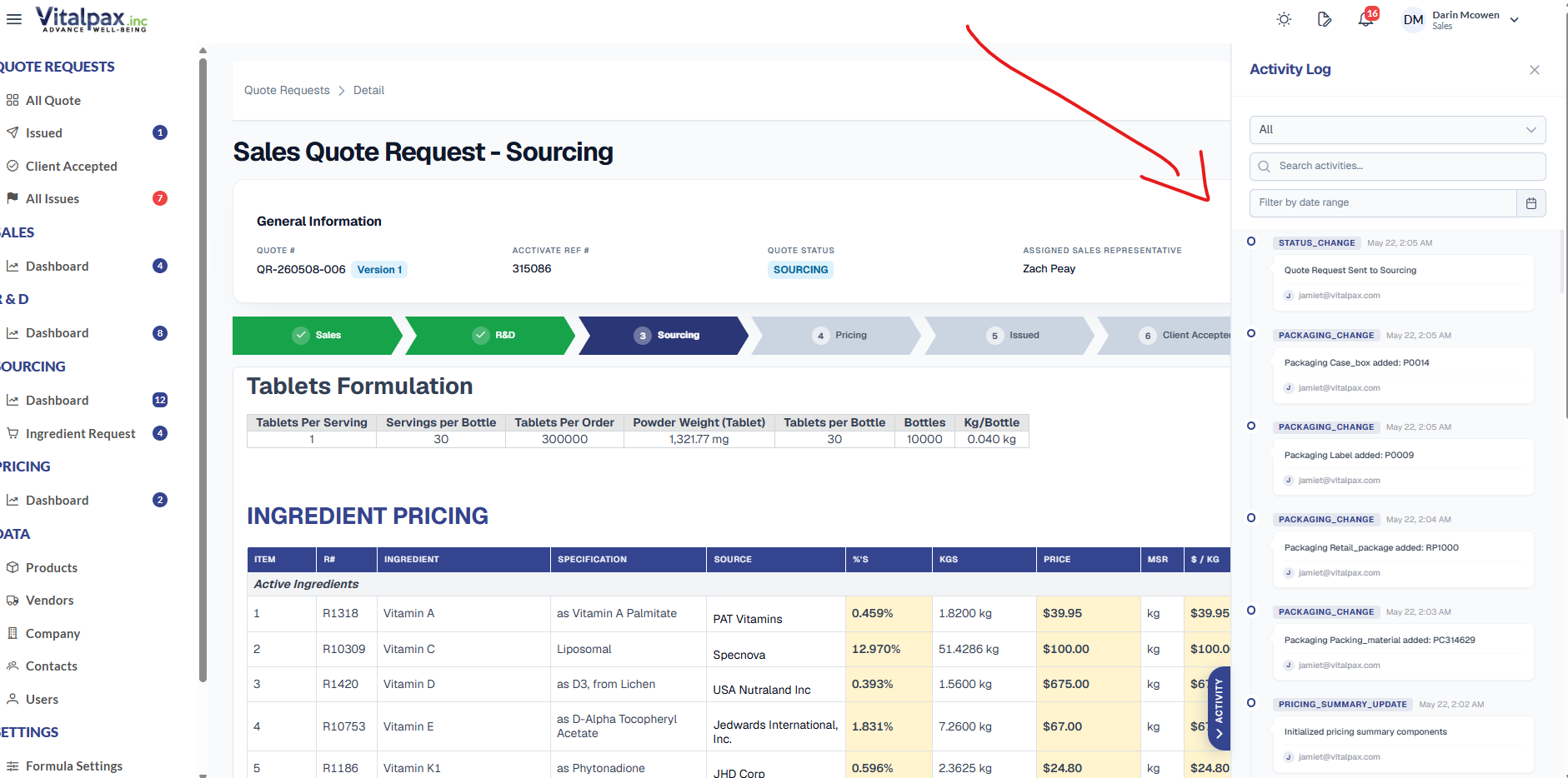 Sales Quote Request - Sourcing detail with the arrow-pill stage stepper, a Tablets Formulation row, and an Ingredient Pricing table, plus an Activity Log slide-in panel docked to the right edge (red arrow pointing to it) listing timestamped entries for status changes, pricing resets, and ingredient updates