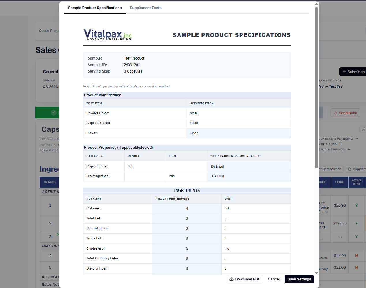 Sample Product Specifications dialog with tabs Sample Product Specifications and Supplement Facts. Body shows the Vitalpax letterhead, a Sample / Sample ID / Serving Size header (Test Product, 26031201, 3 Capsules), a Product Identification table (Powder Color white, Capsule Color Clear, Flavor None), a Product Properties table (Capsule Size 00E, Disintegration < 30 Min), an Ingredients nutrient table (Calories, Total Fat, Saturated Fat, Trans Fat, Cholesterol, Total Carbohydrates, Dietary Fiber), and a Download PDF button