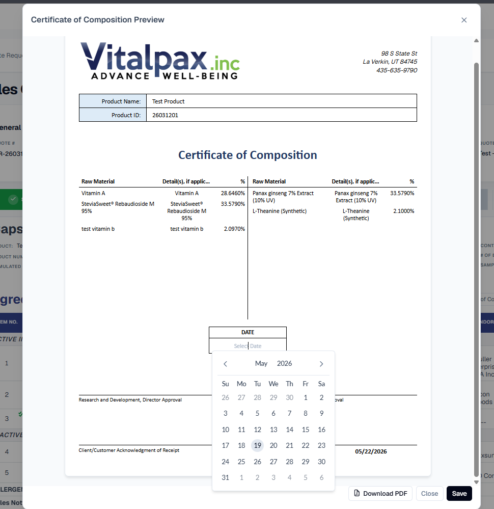 Certificate of Composition Preview modal for Test Product (Product ID 26031201) with the Vitalpax letterhead and the 98 S State St La Verkin UT 84745 address block, a two-column raw material table (Vitamin A 28.6460%, SteviaSweet Rebaudioside M 95% 33.5790%, test vitamin b 2.0970%, Panax ginseng 7% Extract 33.5790%, L-Theanine Synthetic 2.1000%), a Date picker open to May 2026 with the 19th highlighted, signature lines for Research and Development Director Approval and Client/Customer Acknowledgment of Receipt, and a Download PDF button
