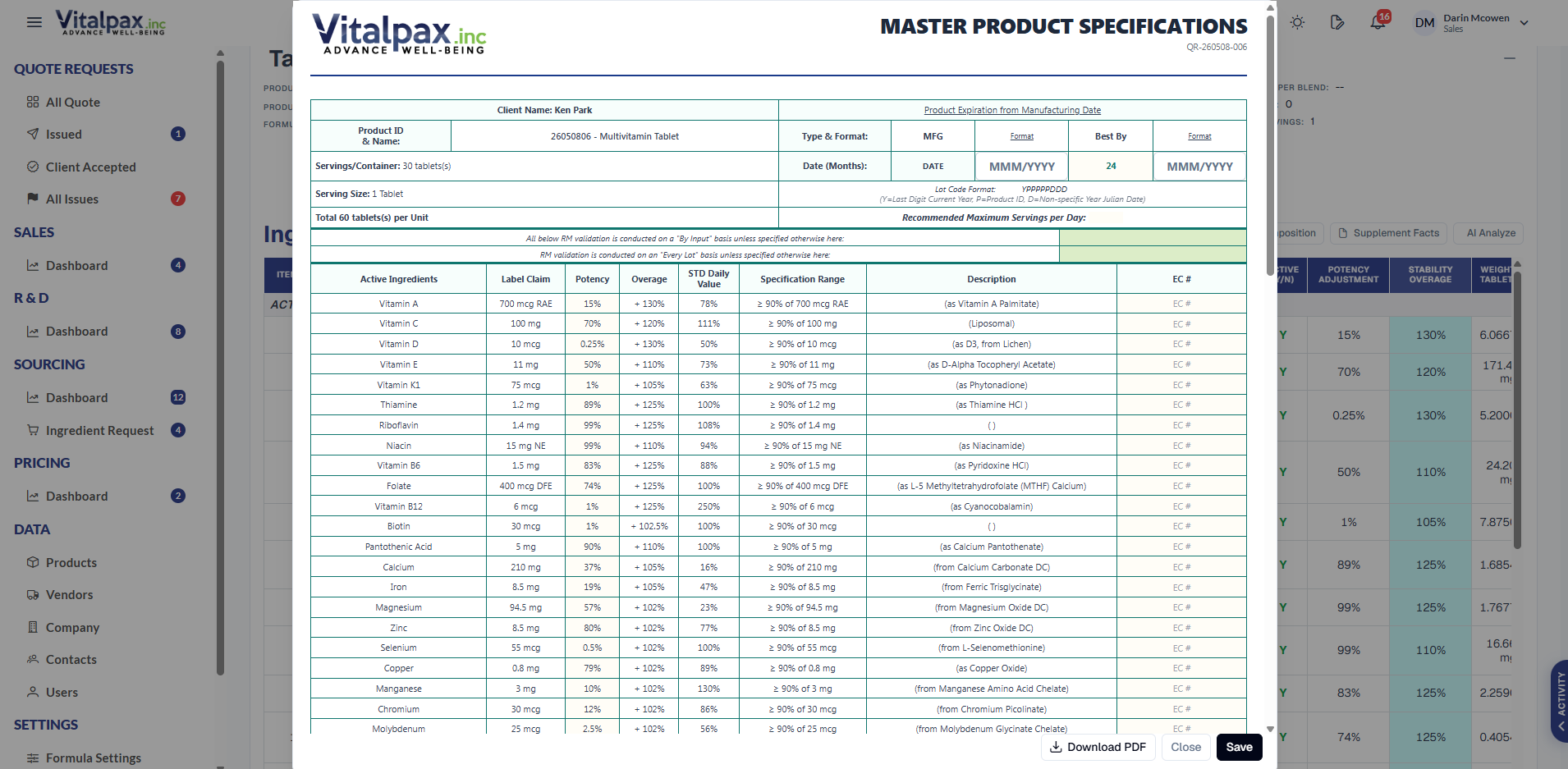 Master Product Specifications sheet with the Vitalpax letterhead, a Client Name / Item No header block, Type & Format and order detail fields, and a wide nutrient table listing active ingredients with Label Claim, Overage, Formula Amount, Specification Range, Recommended Range, and Source columns, plus a Download PDF button at the bottom