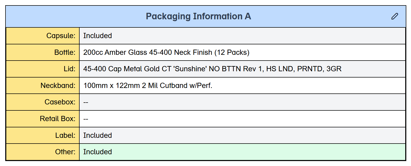 The Packaging Information A table on an issued quote, with yellow label cells on the left. The first row reads 'Capsule: Included', followed by Bottle: 200cc Amber Glass 45-400 Neck Finish (12 Packs), Lid: 45-400 Cap Metal Gold CT 'Sunshine', Neckband: 100mm x 122mm 2 Mil Cutband w/Perf., Casebox and Retail Box as '--', Label: Included, and Other: Included on a pale green background.