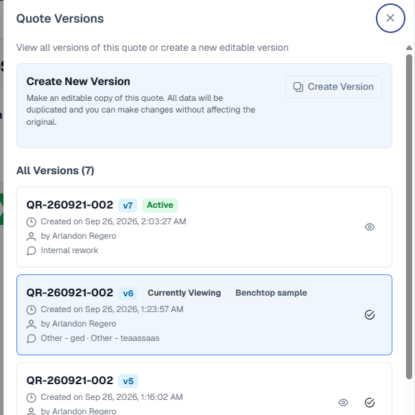 The Quote Versions dialog, 'All Versions (7)'. The top row, v7, is tagged Active, created Sep 26 2026 2:03 AM, note 'Internal rework'. Below it, the currently-viewed v6 row is tagged 'Currently Viewing' and 'Benchtop sample', created Sep 26 2026 1:23 AM, notes 'Other - ged · Other - teaassaas' -- proving a newer version (v7) was created even though v6 still carries an active benchtop sample. A third row, v5, is partly visible below.