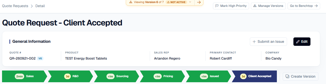A Client Accepted quote's header: a 'Viewing Version 6 of 7 - NOT ACTIVE' banner, Mark High Priority, Manage Versions and Go to Benchtop buttons above, and the six-step stage bar (Sales, R&D, Sourcing, Pricing, Issued, Client Accepted -- the last one active in navy) with a 'Create Version' button sitting where Send Back would otherwise be.